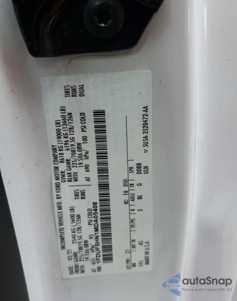 2021 Ford F550 Super Duty z USA, uszkodzony, nr VIN 1FDUF5HN1MDA05408